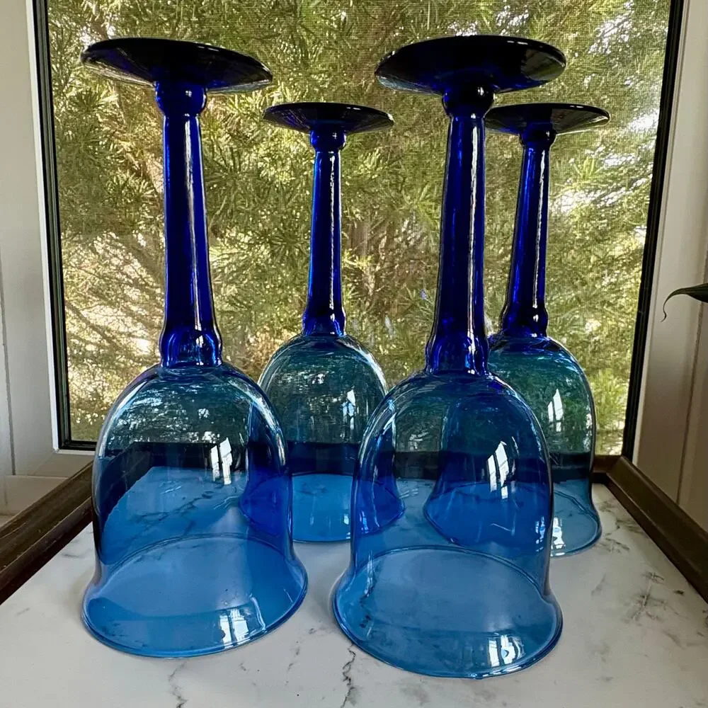 Vintage Cobalt Blue Mexican Glass Goblets Set of 4u